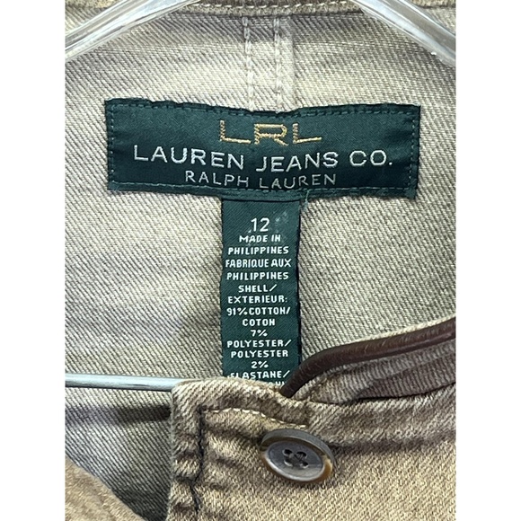 LRL Lauren Jeans Co. Womens Brown Stretch Denim‎ Leather Trim Jacket Sz 12 - Picture 3 of 12